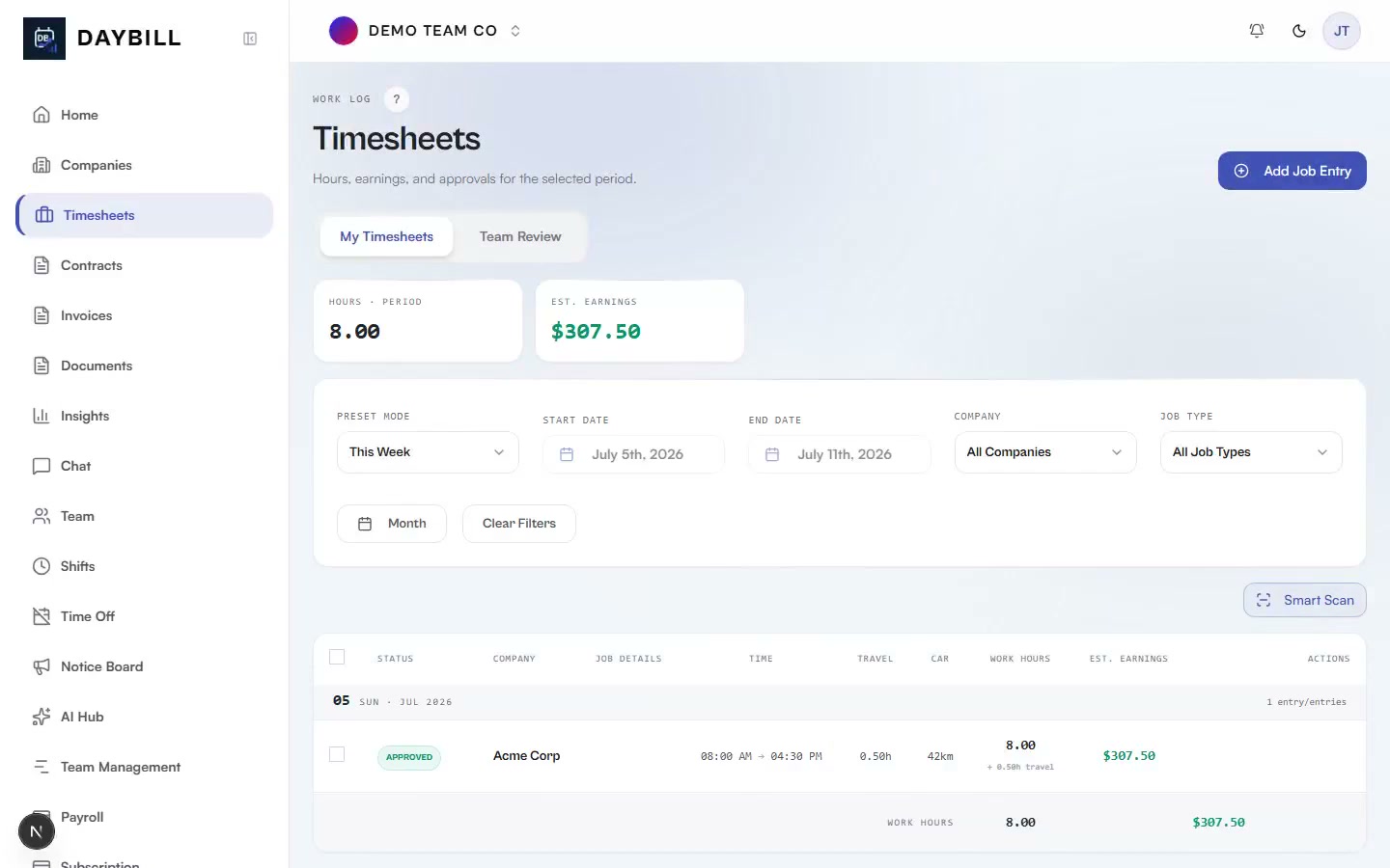 Daybill timesheet approval record ready for review