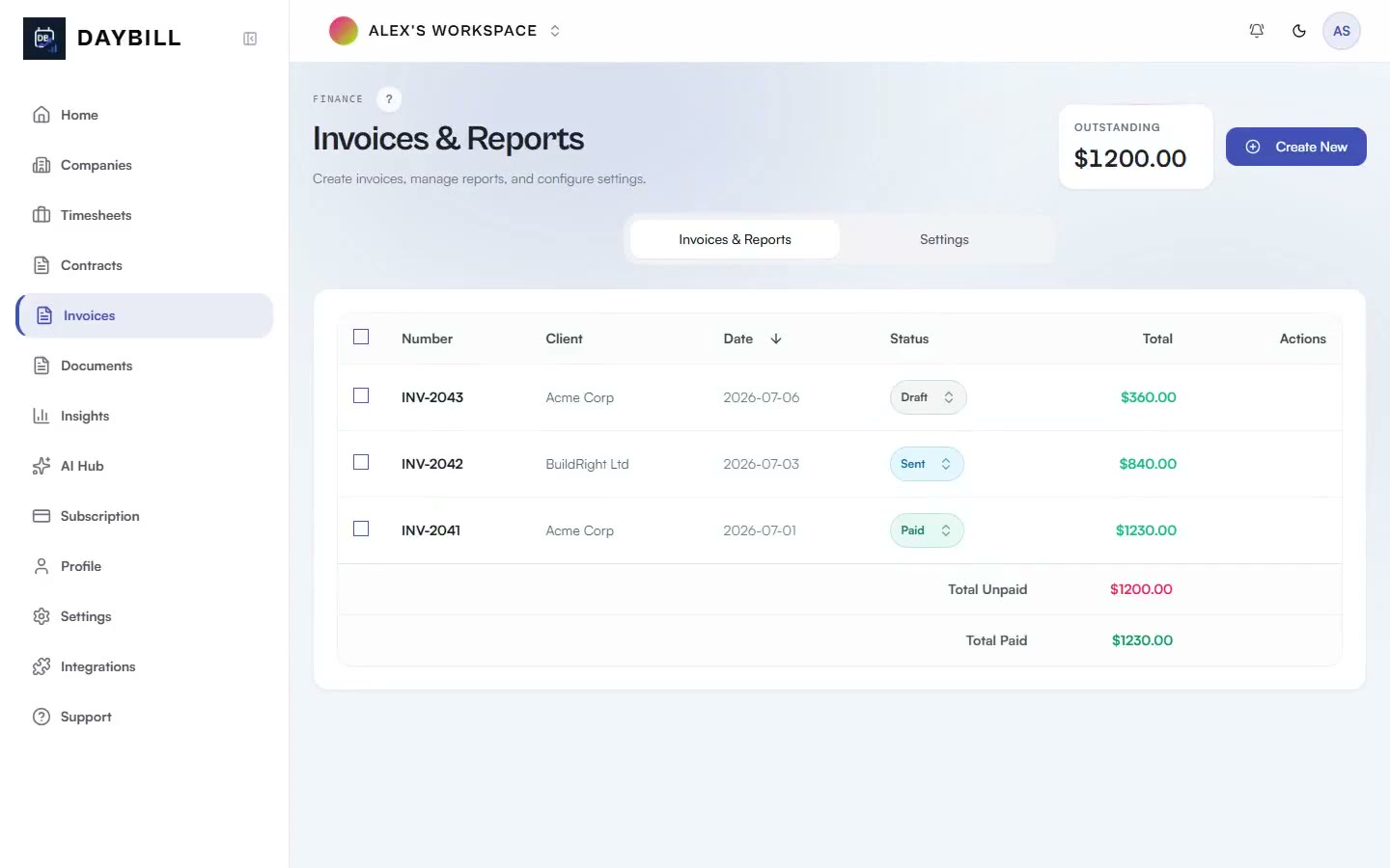 Daybill invoice records created from approved work