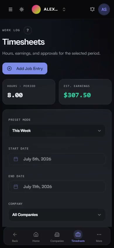 Daybill mobile time entry focused on the selected work period