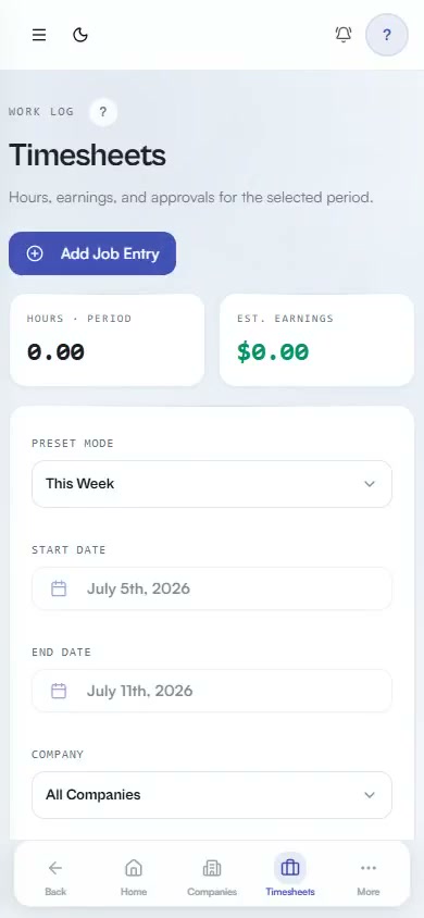 Daybill mobile time entry focused on the selected work period
