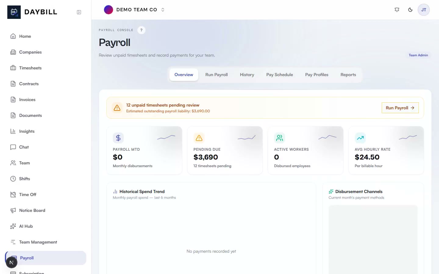 Generating a payroll run with per-worker unpaid timesheets in Daybill